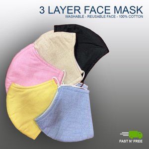Pack of 2, Face mask 3 Layer, 100% Cotton